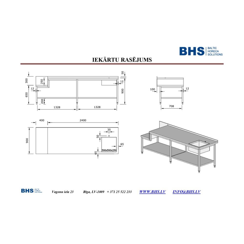 Table with sink and shelf with space for equipment 2400 mm