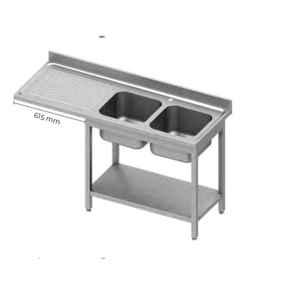 Easily assembled work table with 2 sinks , shelf and space for dishwasher or refrigerator 1800