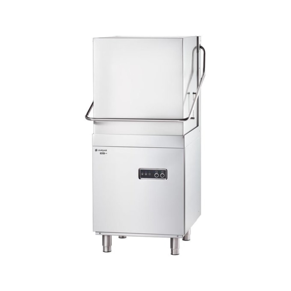 Hood type dishwasher with built in rinse boosting pump