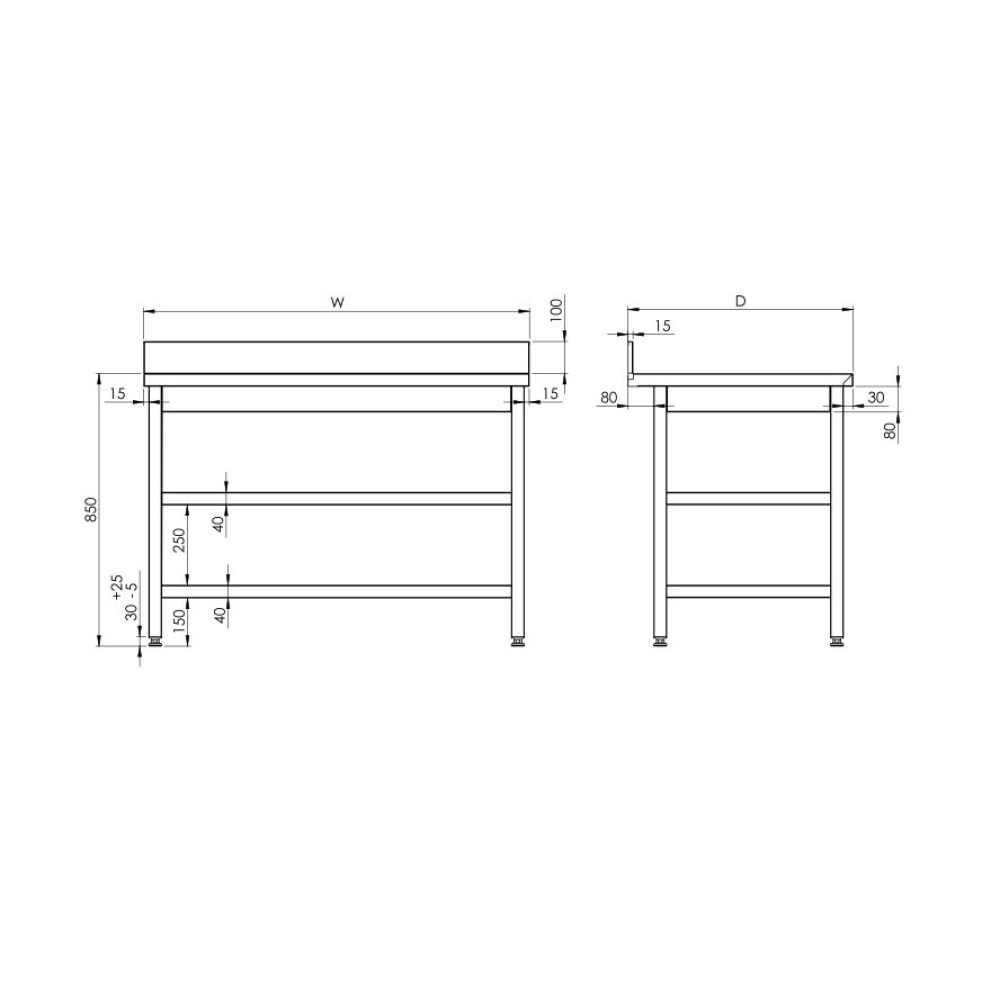 Stainless steel table with two shelves 1400