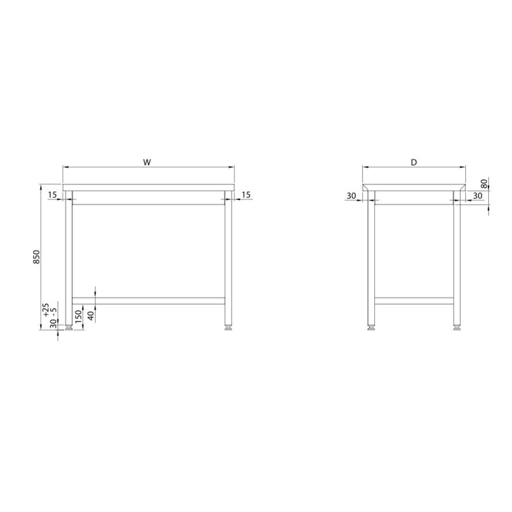 Stainless steel central table with shelf 800