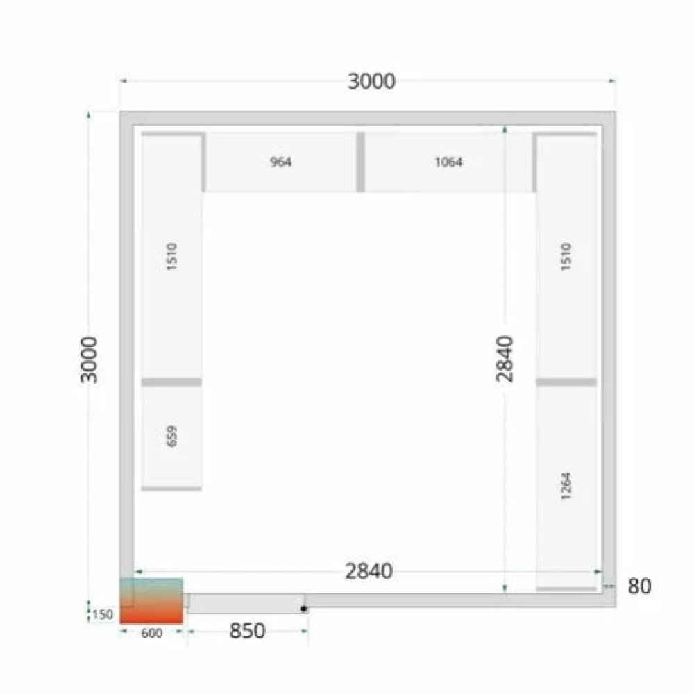 Aukstumkamera ar platām durvīm 3000 / 3000 / 2200 MM 16.45 m³