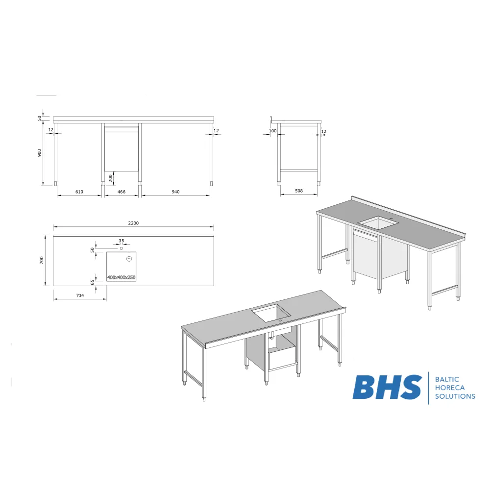 Nerūdijančio plieno stalas su plautuve 2200x700x900 mm