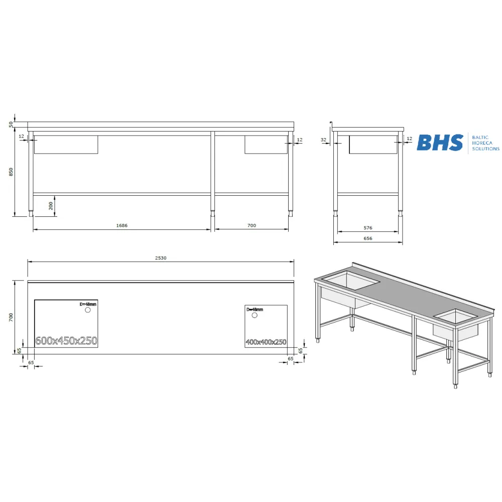 Nerūdijančio plieno stalas su 2 plautuvėmis