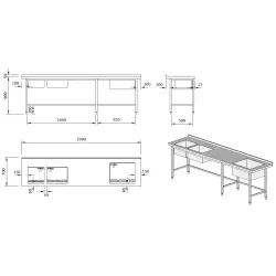 Nerūdijančio plieno stalas su 3 plautuvėmis