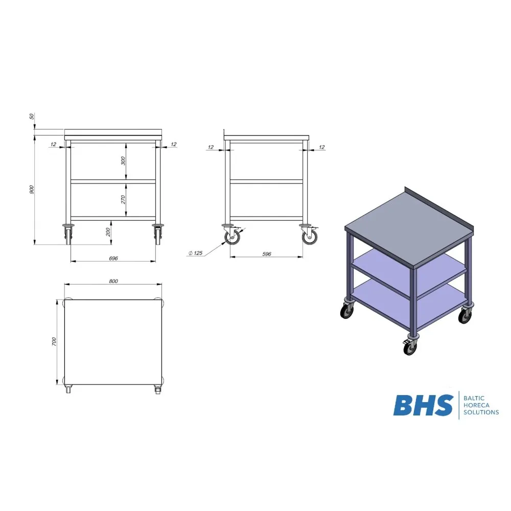 Rolling Kitchen Work Table with Two Shelves