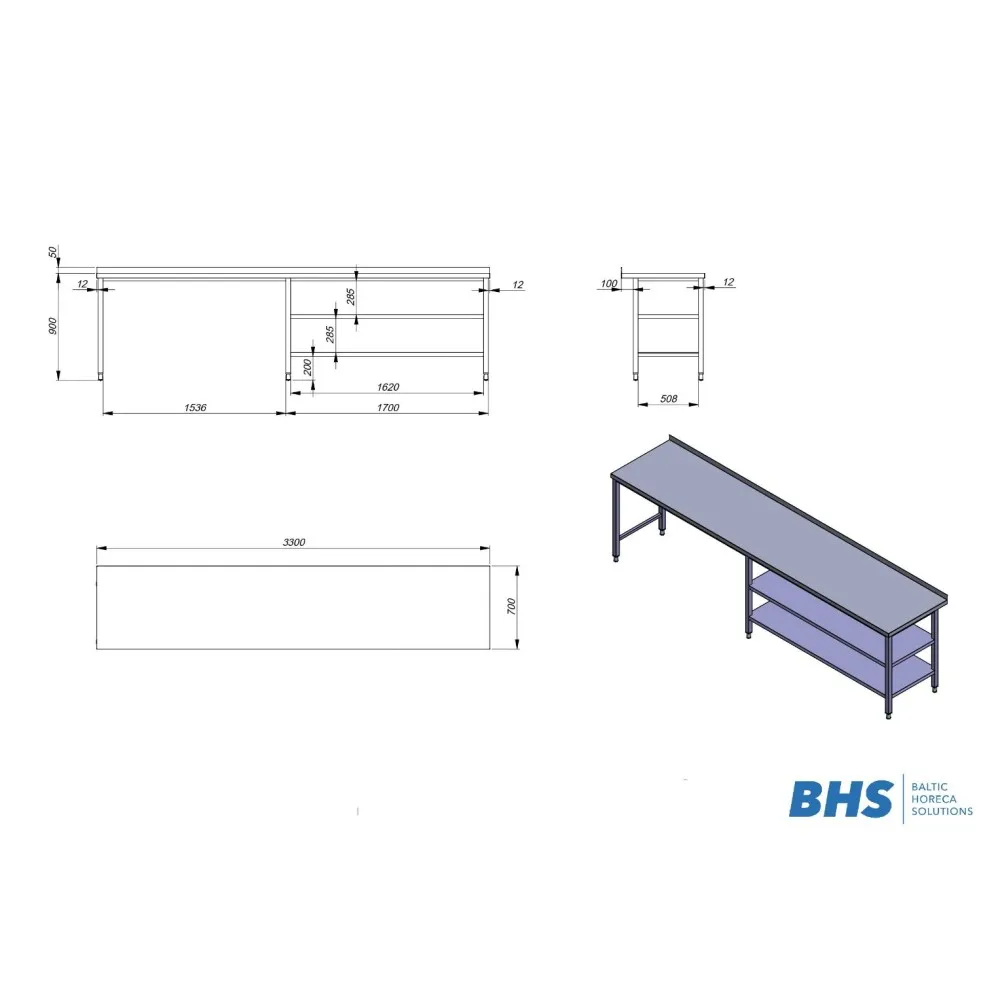Compact Work Table with Two Shelves for Efficient Kitchen Use