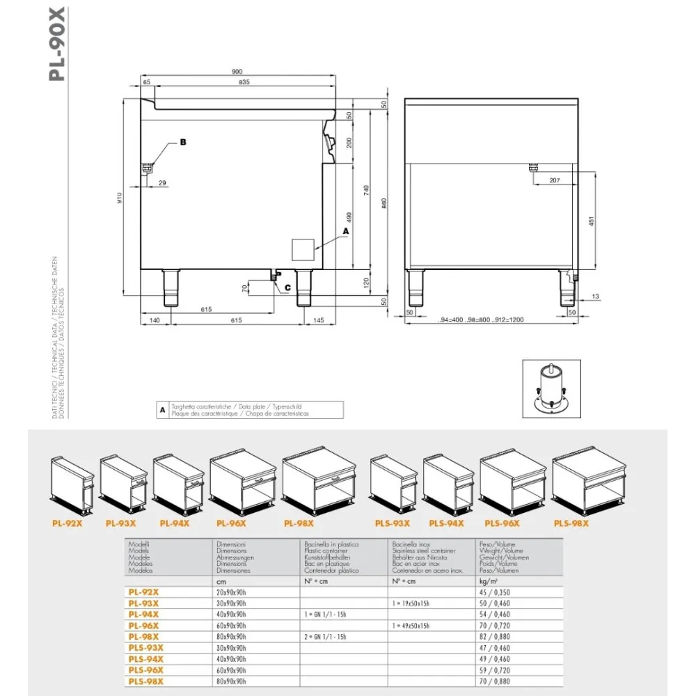 Plan de travail avec tiroir PL-94X pour équipement de cuisine nautique