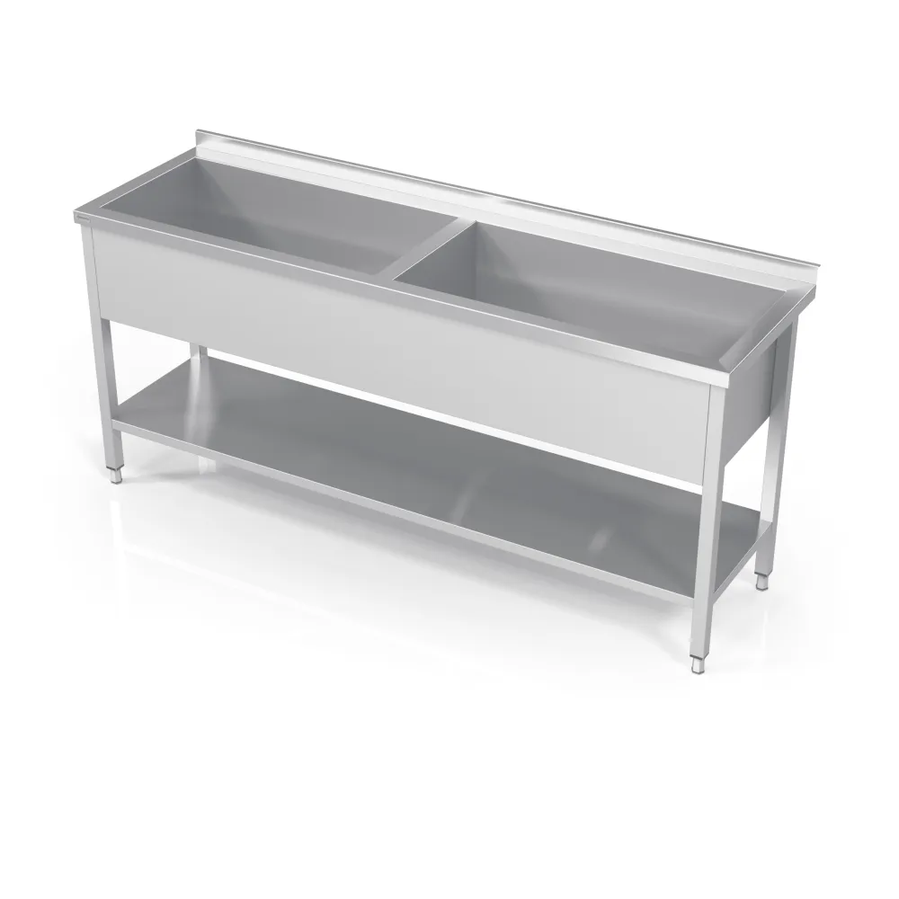 Metalinis stalas su dviem baseinais ir integruota lentyna