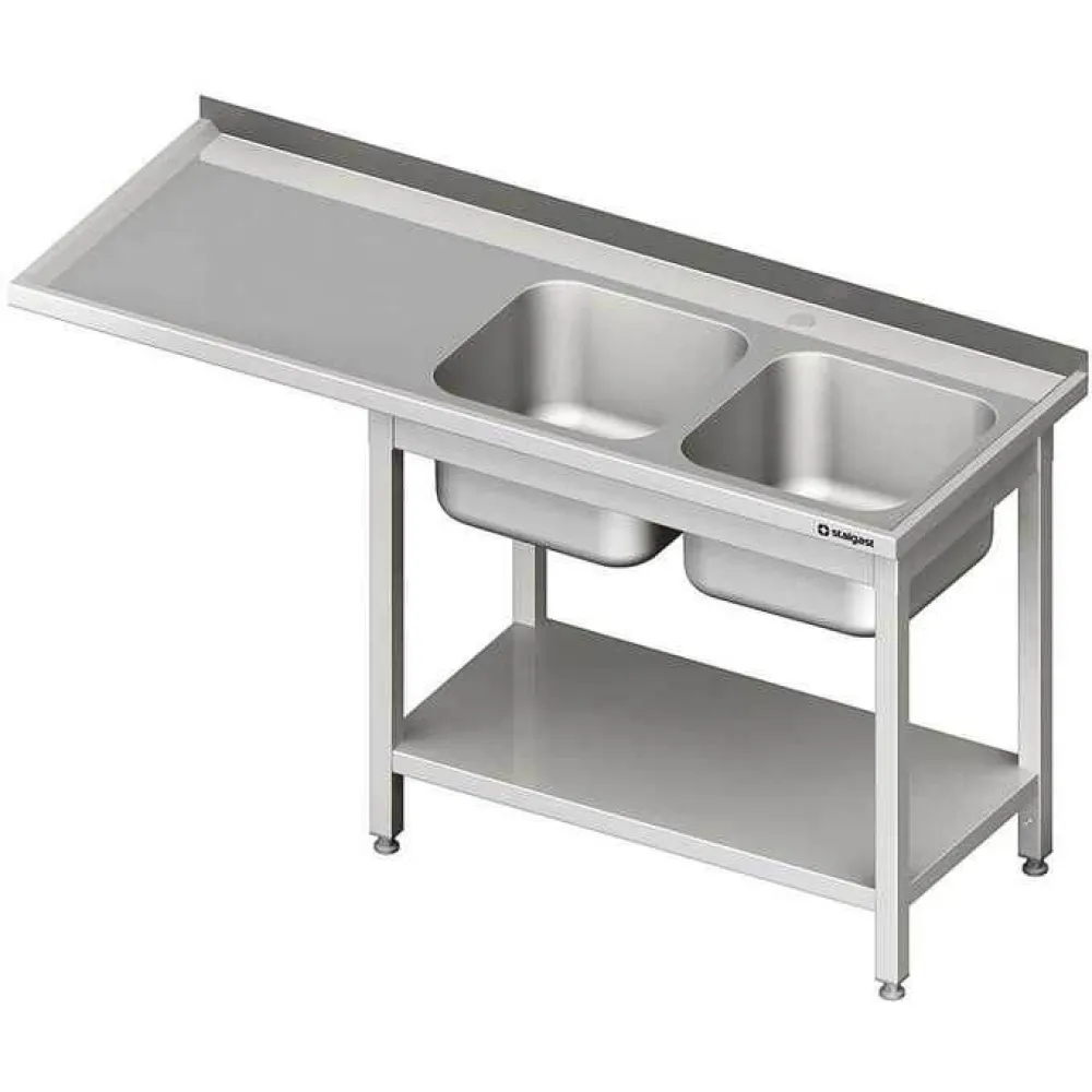 Versatile Steel Table with Dual Sinks and Appliance Area