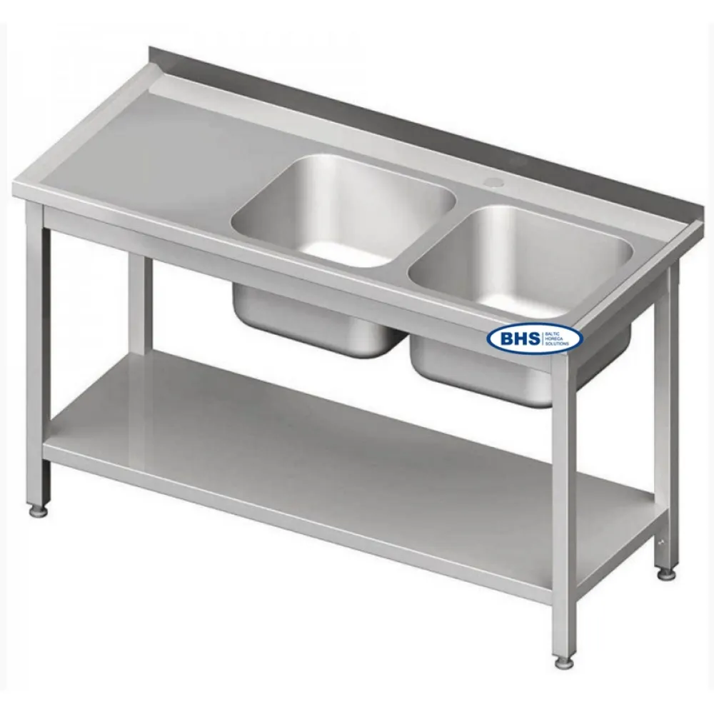 Versatile Metal Table with Twin Sinks and Functional Shelf
