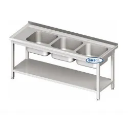 Metal table with three sinks and shelf 2100