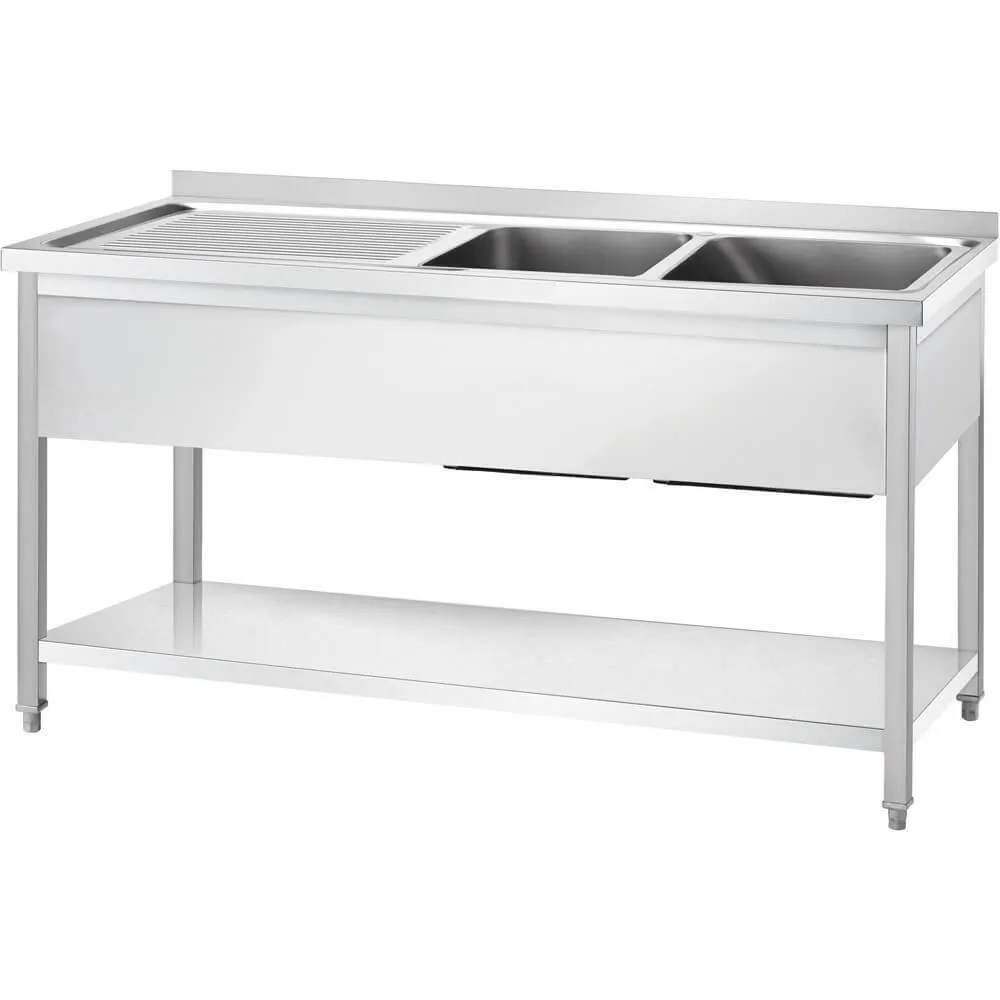 GREDIL nerūdijančio plieno stalas su dviem plautuvėmis (dešinėje) ir lentyna 1400 × 600 × 850 mm (673846)